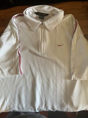 Nike White Half-Zip Polo with Red Swoosh and Red Piping